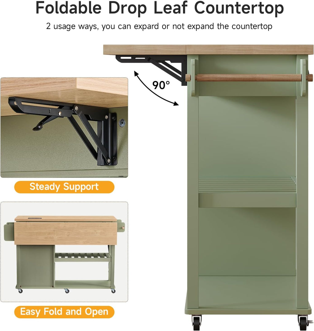 ONBRILL 56" Kitchen Island with Drop Leaf, Rolling Kitchen Cart with Trash Cabinet, Power Outlet, 2-Tier Open Shelves, 3 Drawers, Spice & Paper Towel Racks, 6 Wheels (4 Locking) for Dining Room, Green