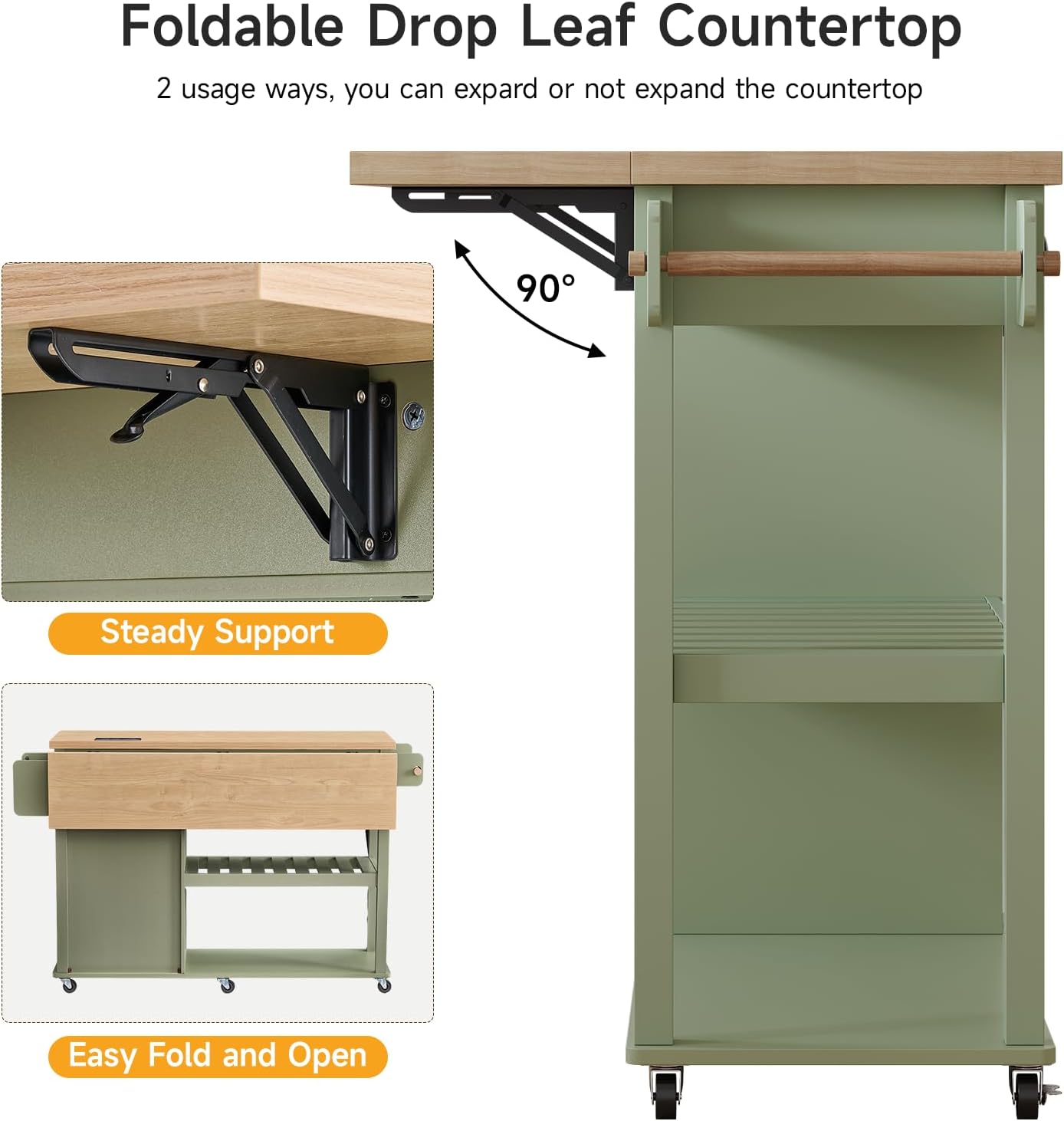 ONBRILL 56" Kitchen Island with Drop Leaf, Rolling Kitchen Cart with Trash Cabinet, Power Outlet, 2-Tier Open Shelves, 3 Drawers, Spice & Paper Towel Racks, 6 Wheels (4 Locking) for Dining Room, Green