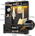 75''H 59''W Large LED Farmhouse Hall Tree with Bench and Shoe Storage,Entryway Bench with Coat Rack,16 Shoe Cubbies & Umbrella Holder and Sock Storage Drawer,Mudroom/Hallway Storages Cabinet(black)