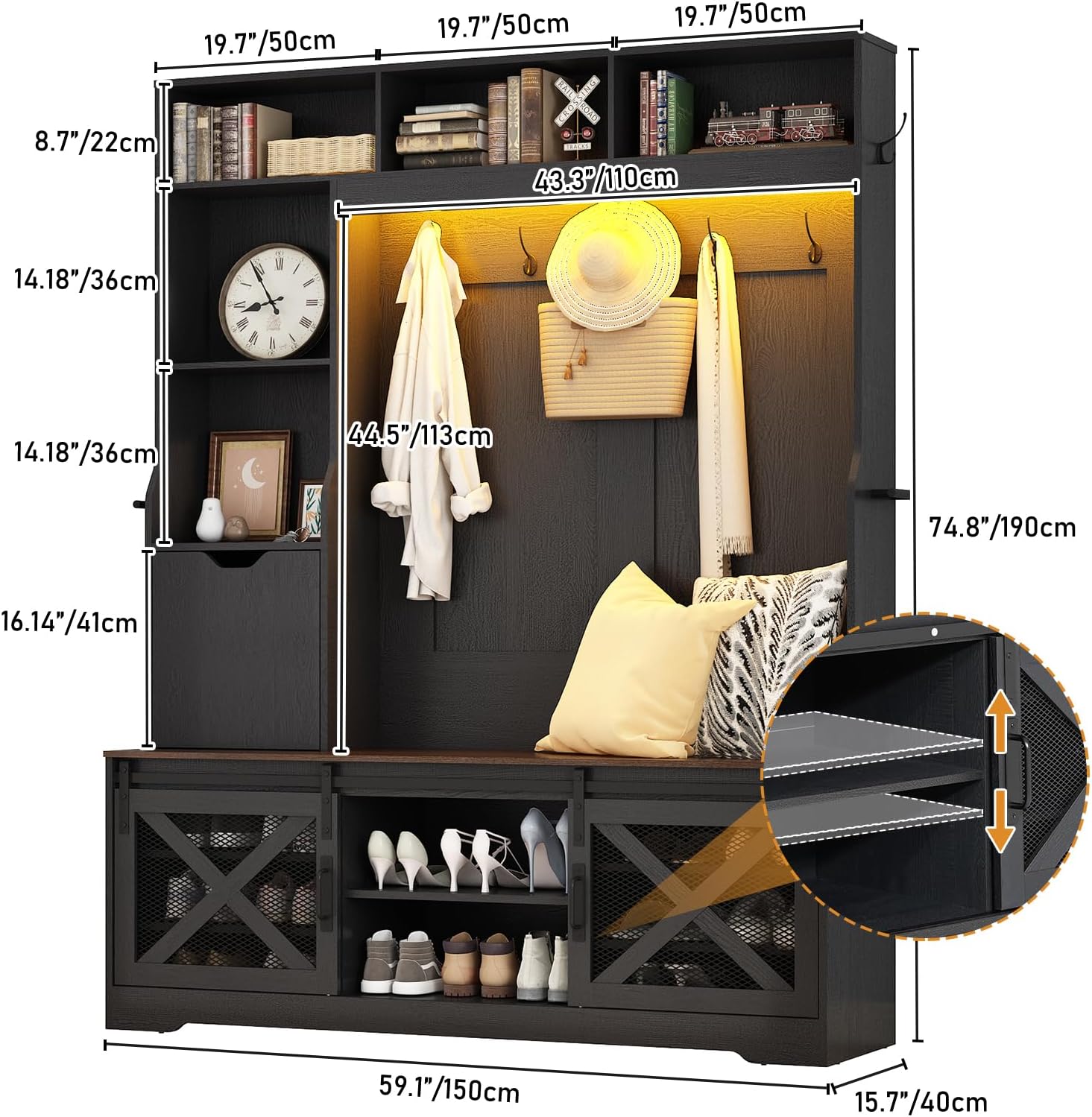 75''H 59''W Large LED Farmhouse Hall Tree with Bench and Shoe Storage,Entryway Bench with Coat Rack,16 Shoe Cubbies & Umbrella Holder and Sock Storage Drawer,Mudroom/Hallway Storages Cabinet(black)
