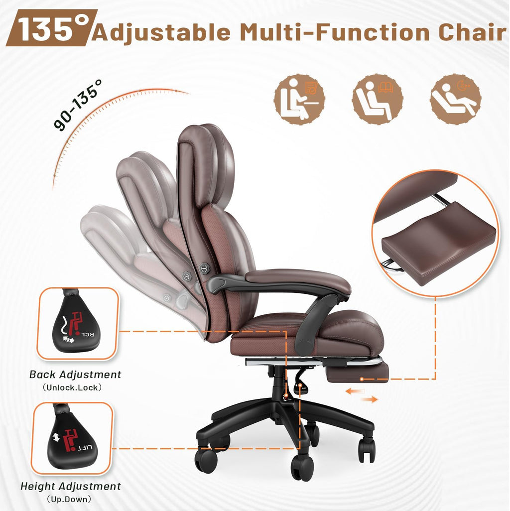 HOMREST 500lbs Big and Tall Office Chair, Ergonomic Heavy Duty Chair with Adjustable Lumbar Support & Backrest, Executive Leather Office Chair with Wide Armrests and Wheels (Brown)