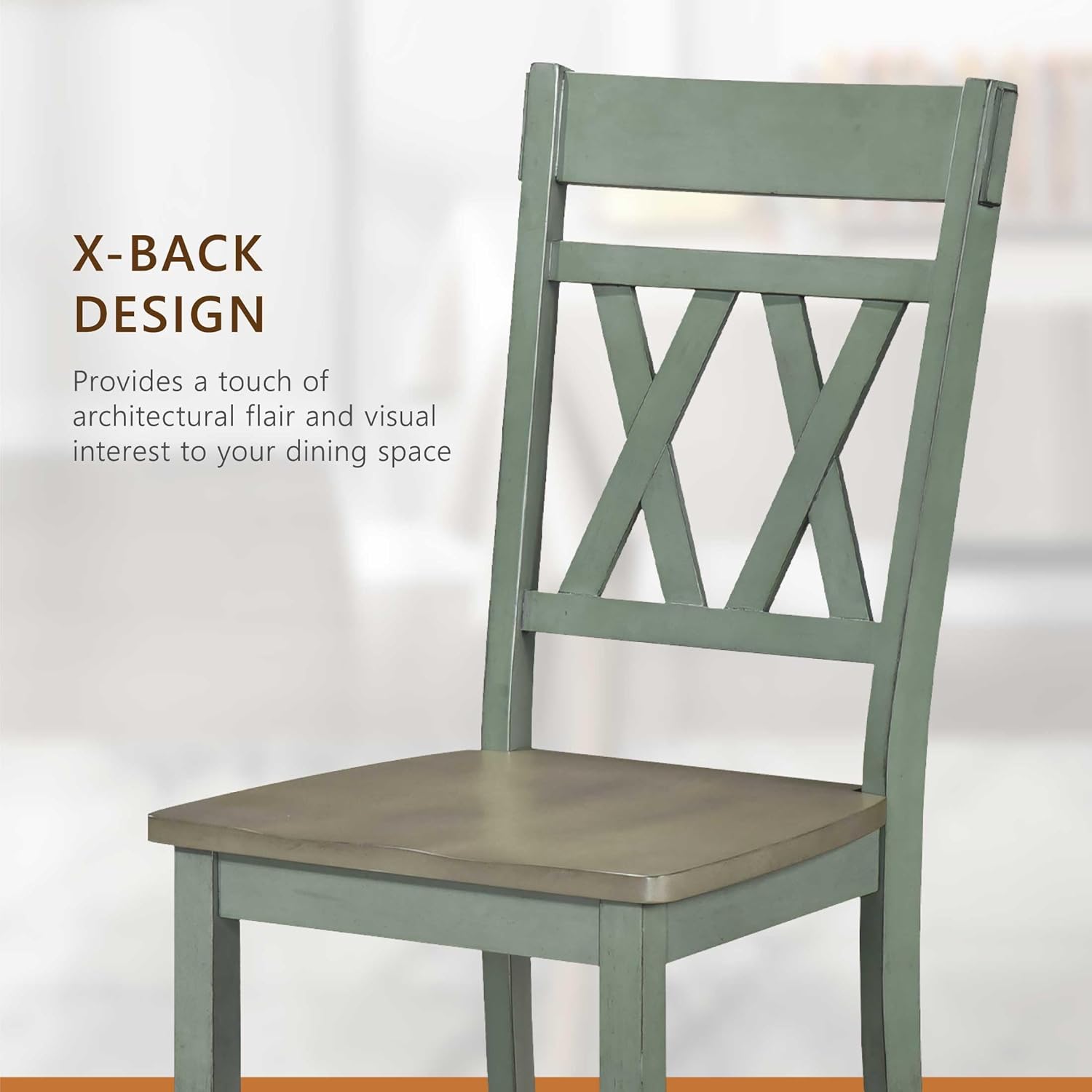 Lexicon Farmhouse Wood Dining Chair, Set of 2, Double Cross Back, Rustic Armless Chairs, Kitchen and Dining Room Furniture, Two-Tone Finish (Greywash and Antique Teal)