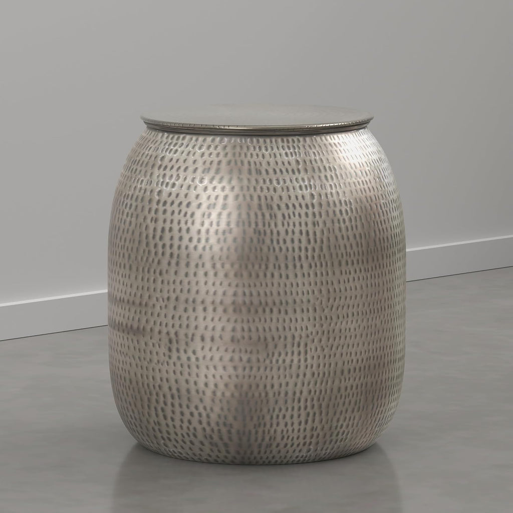SIMPLIHOME Griffen Metal Storage Accent Table - 19 inch Wide Solid Metal Round Drum Side Table in Antique Nickel, Industrial End Table for Living Room with Hidden Storage Space, Assembled