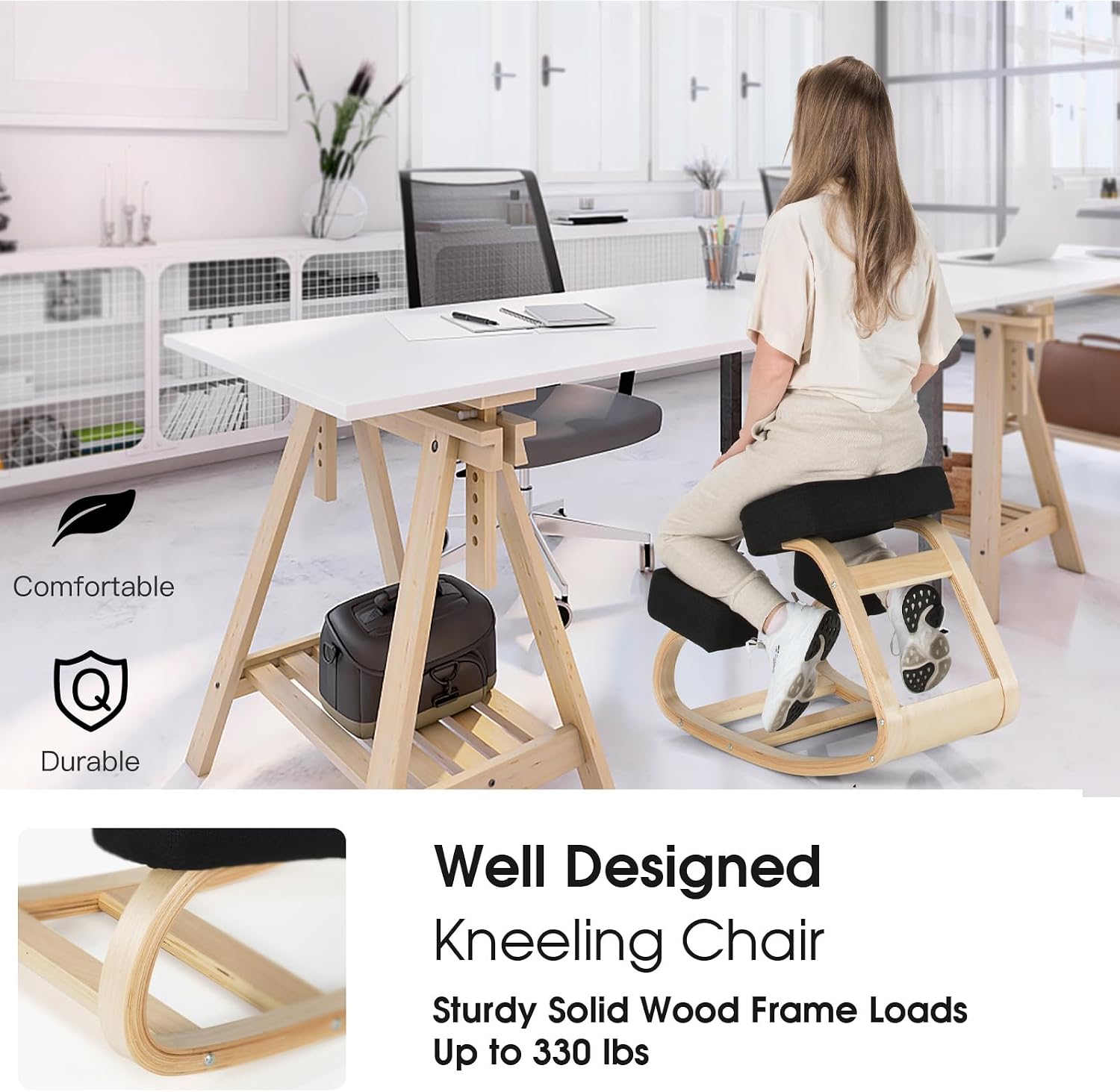 Ergonomic Kneeling Chair, Rocking Posture Desk Chair with Soft Padding, Natural Relief for Neck, Shoulder or Back Pain, Wooden Knee Chair for Home Office