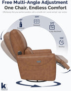 KINGYES Nursery Recliner Rocking Chair, 270° Swivel Glider, with Bluetooth Speaker & USB-C Port, Faux Leather Nursery Rocking Chair, Brown