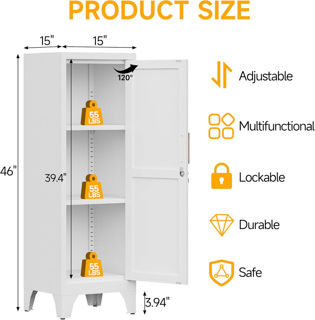 46"H White Metal Locker with 1 Lockable Door and 2 Adjustable Shelves For Employees,3 Tier Small Storage Cabinet with Detachable Legs and Vintage Handle for Kitchen, Office,School,Gym,Easy Assembly