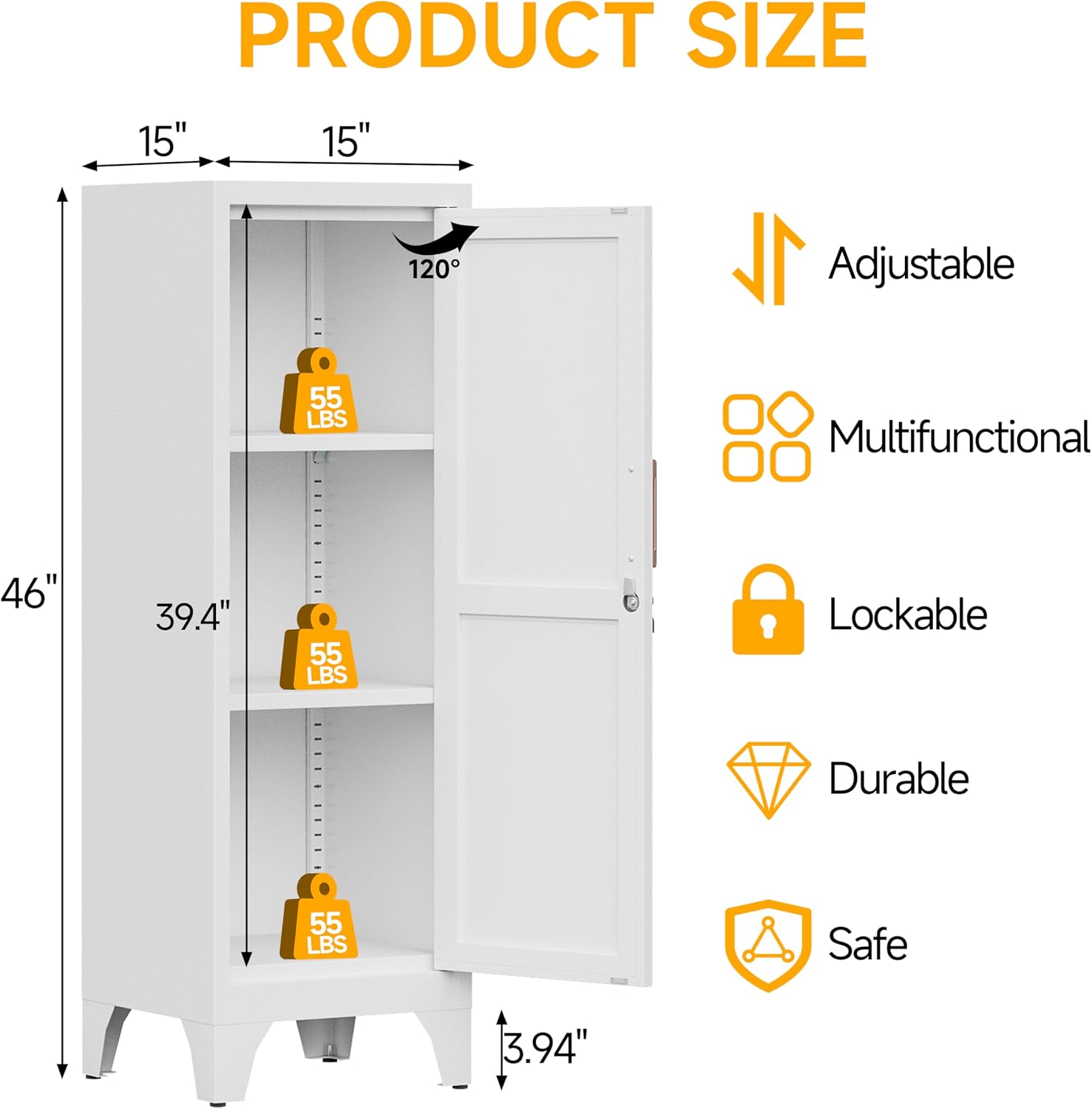 46"H White Metal Locker with 1 Lockable Door and 2 Adjustable Shelves For Employees,3 Tier Small Storage Cabinet with Detachable Legs and Vintage Handle for Kitchen, Office,School,Gym,Easy Assembly