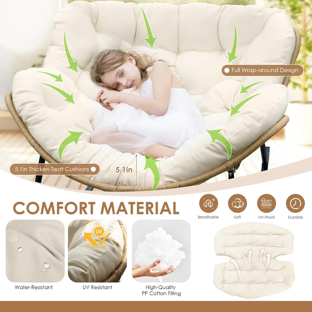 RADIATA Rocking Egg Chair Outdoor, Oversized Papasan Rocker with Cushion, 450 lbs Extra Wide Rocking Lounge Chairs, PE Wicker Big Comfy Sturdy Recliner Glider for Patio Porch Garden Living Room Beige