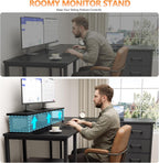 Korfile 59 inch L Shaped Computer Desk with Power Outlets, Home Office Desk with 4 Adjustable Storage Drawers & 2 Monitor Stands, Two Person Gaming Table for Bedroom, Black