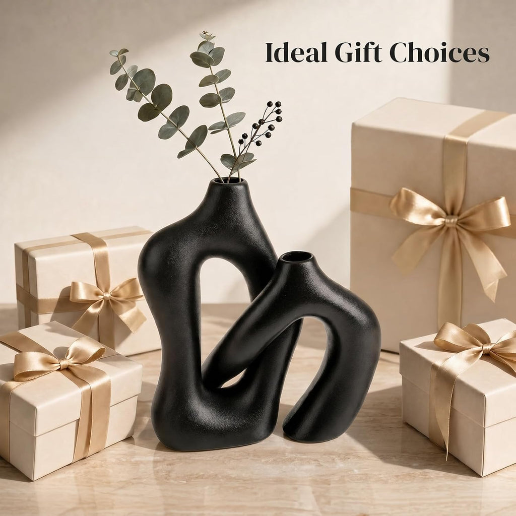 Dowan Black Vases for Decor,Hollow Ceramic Vase Set of 2,7.6" Nordic Modern Boho ins Style Decorative Ceramic Aesthetic Flower Vase for Home Decor Modern Minimalist Table, Entryway Centerpieces