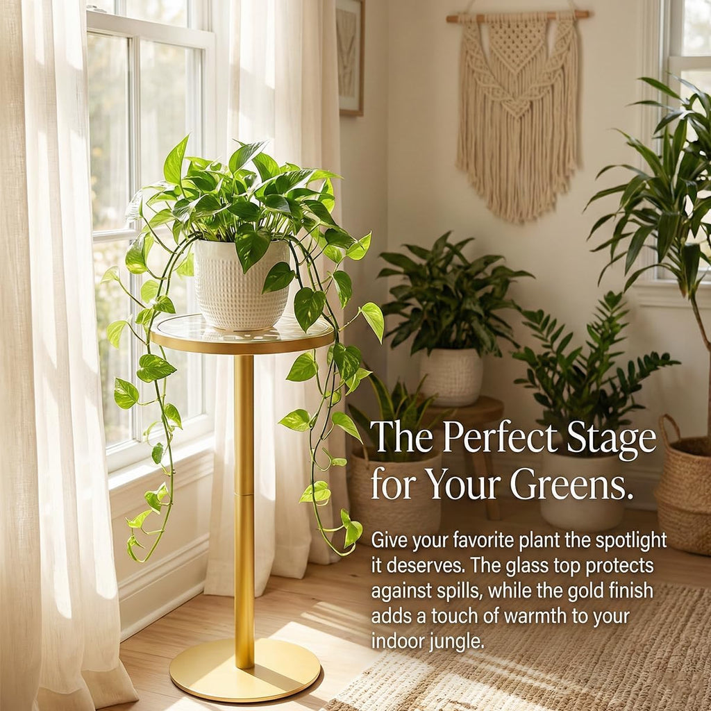 Gold Drink Table, Indoor Outdoor Small Round Side Table with Tempered Glass Top & Scroll Design, 24.7" Metal Pedestal End Table for Living Room, Patio, Small Spaces, Weather Resistant
