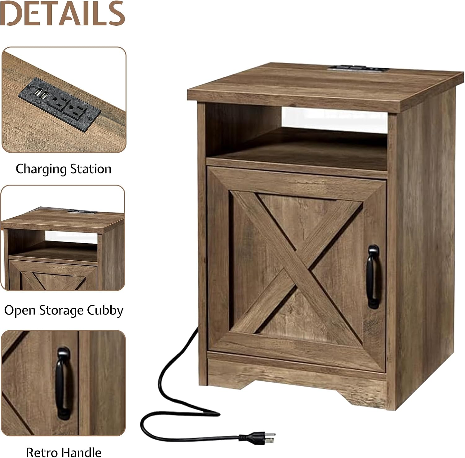 LUXOAK 3-Piece Farmhouse Living Room Table Sets, Includes 1 x Coffee Table, 2 x End Tables with Charging Station & USB Ports, Rustic Coffee Table Set of 3, Barnwood