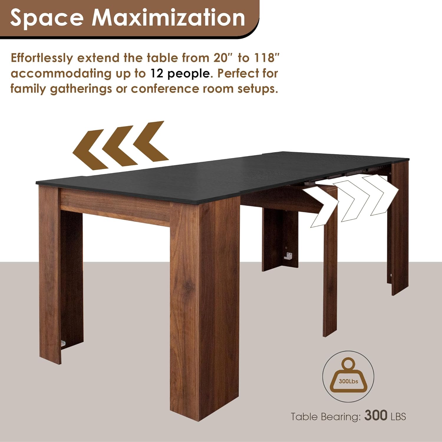 20"-118" Extendable Dining Table for 2-12 People, Modern Modular Extension Table, Space-Saving Extra Long Multifunctional Folding Dining Table, Walnut&Black