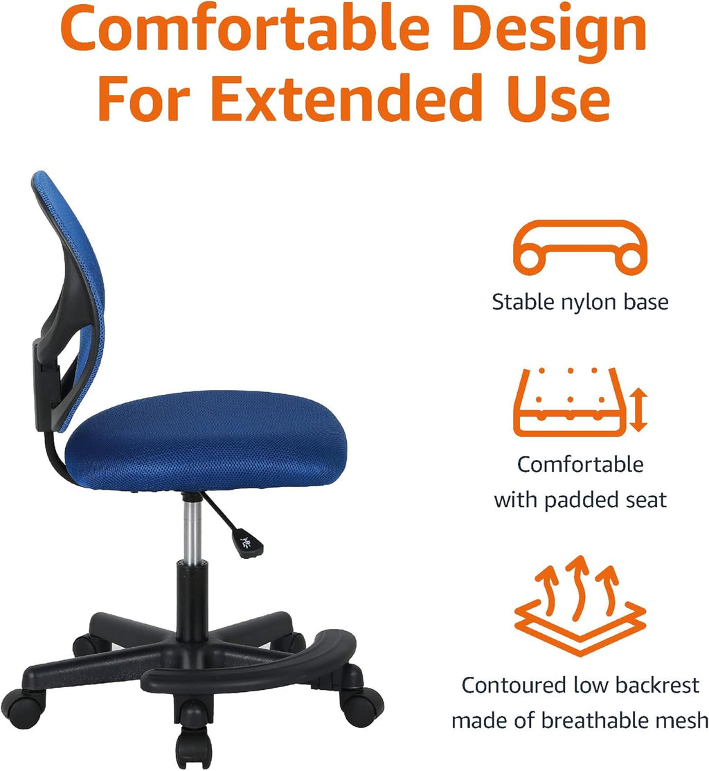 Amazon Basics Kids Adjustable Height Mesh Low-Back Swivel Desk Chair with Footrest, Rolling Study Chair, Armless, Blue