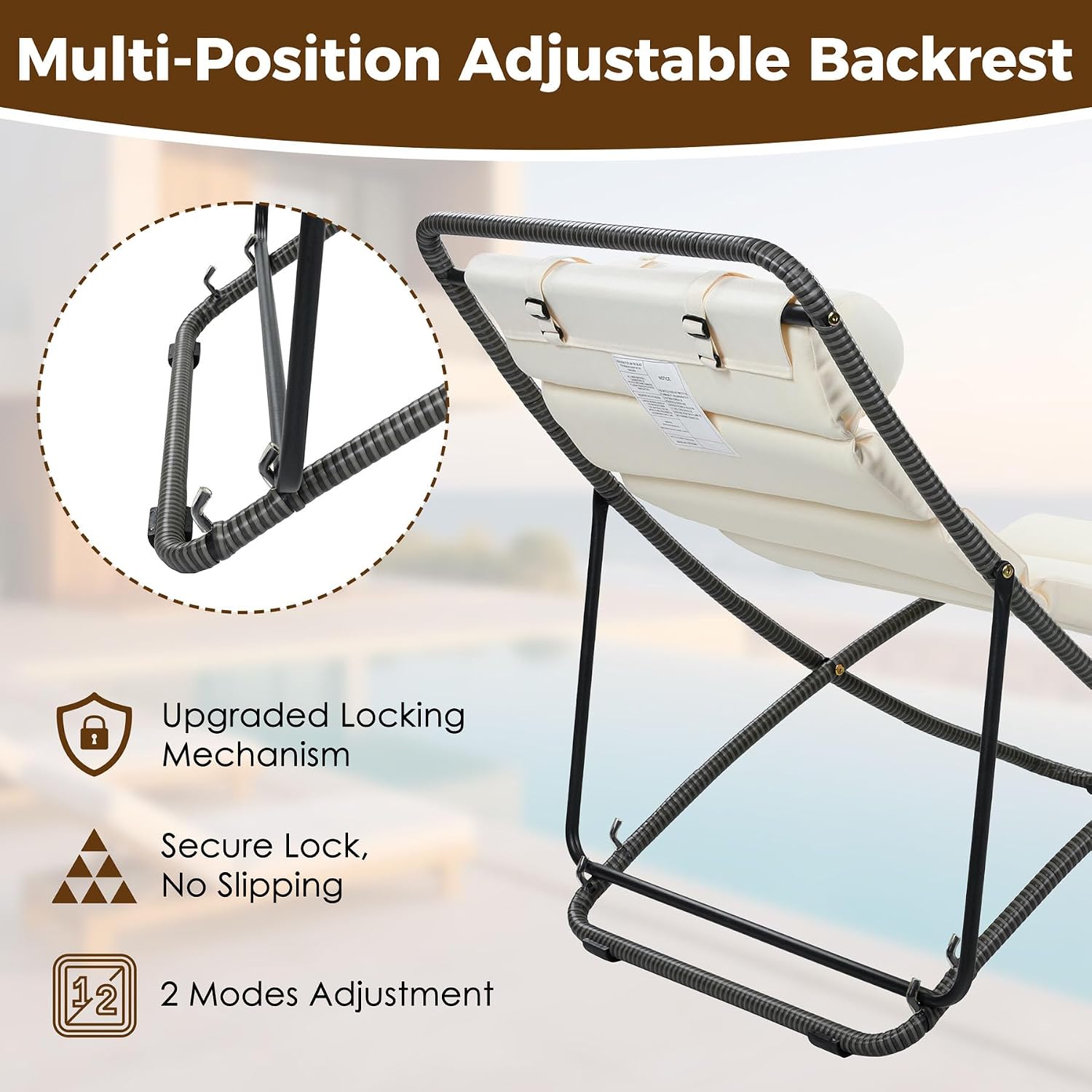 Outdoor Folding Lounge Chair Set of 2, Rattan Outdoor Patio Sling Chairs with Adjustable Backrest, Thick Cushioned & Detachable Headrest, Portable Beach Sling Chair for Poolside Backyard (Black)