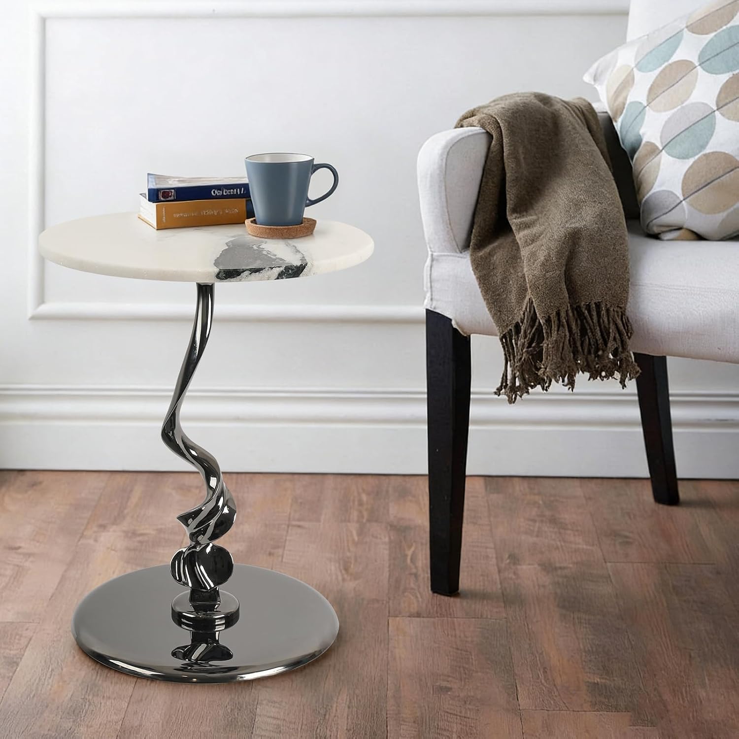 Round Marble Side Table 16 Inch Pedestal End Table for Living Room | natural marble top stainless steel base easy to assemble coffee table plant stand decorative accent