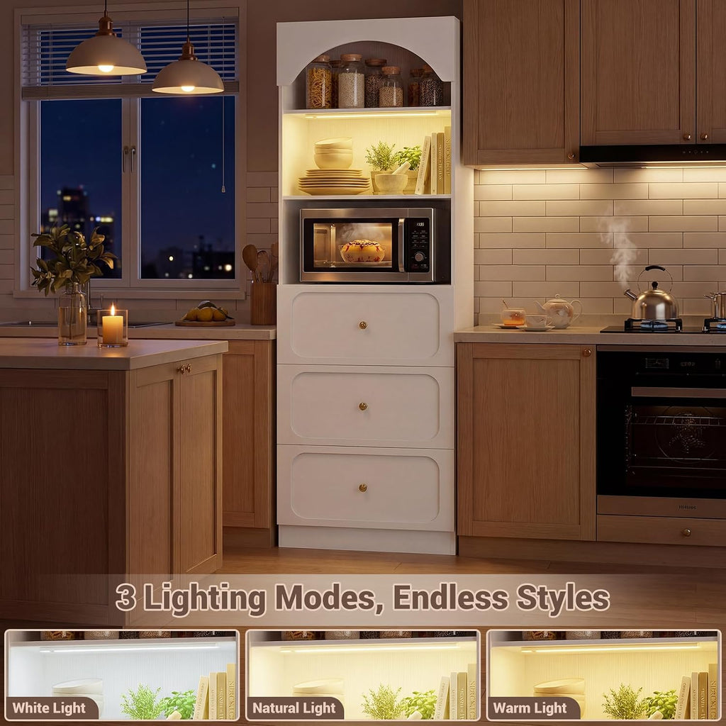 Cyclysio 80" Kitchen Pantry with 3 Drawers, Extra Tall Arch Storage Cupboard with Motion Sensor Light, Freestanding Wood Shelf with Baseboard Cutout for Dining Living Room Bathroom Furniture