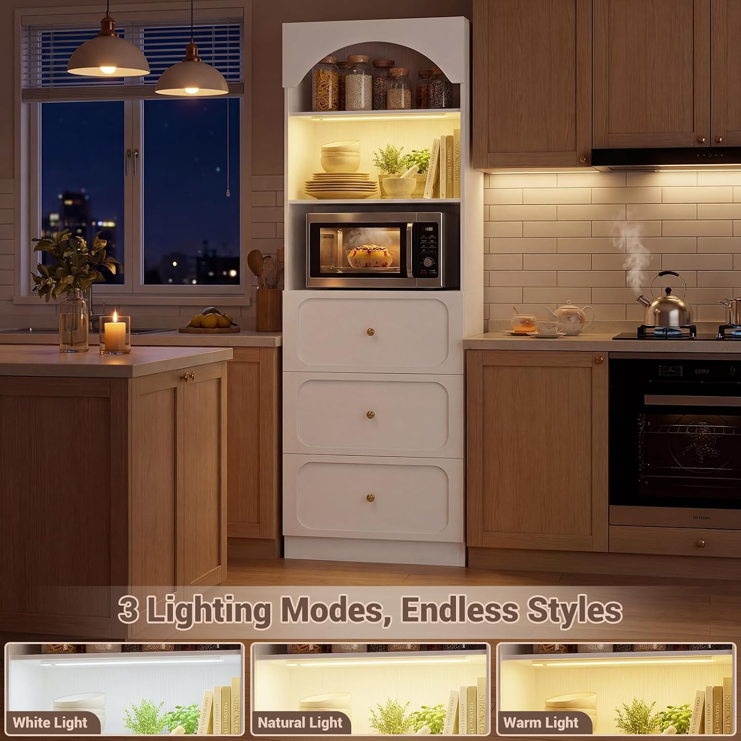 Cyclysio 80" Kitchen Pantry with 3 Drawers, Extra Tall Arch Storage Cupboard with Motion Sensor Light, Freestanding Wood Shelf with Baseboard Cutout for Dining Living Room Bathroom Furniture