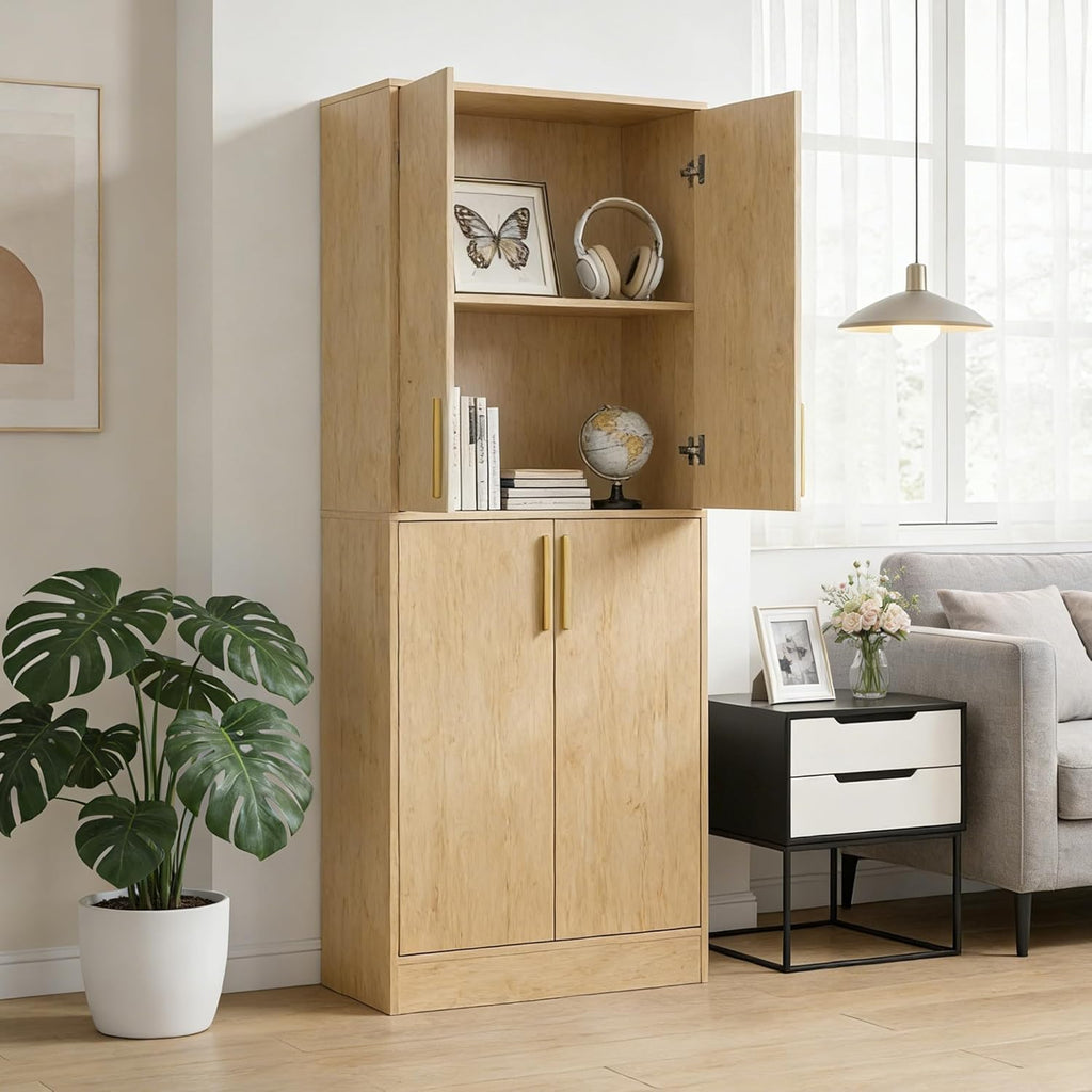 Housoul 71" Tall Pantry Cabinet with 4 Doors, Kitchen Pantry Storage Cabinet, Freestanding Larder Cupboard, Utility Kitchen Hutch with Gold Handles for Dining Room, Bathroom, Natural