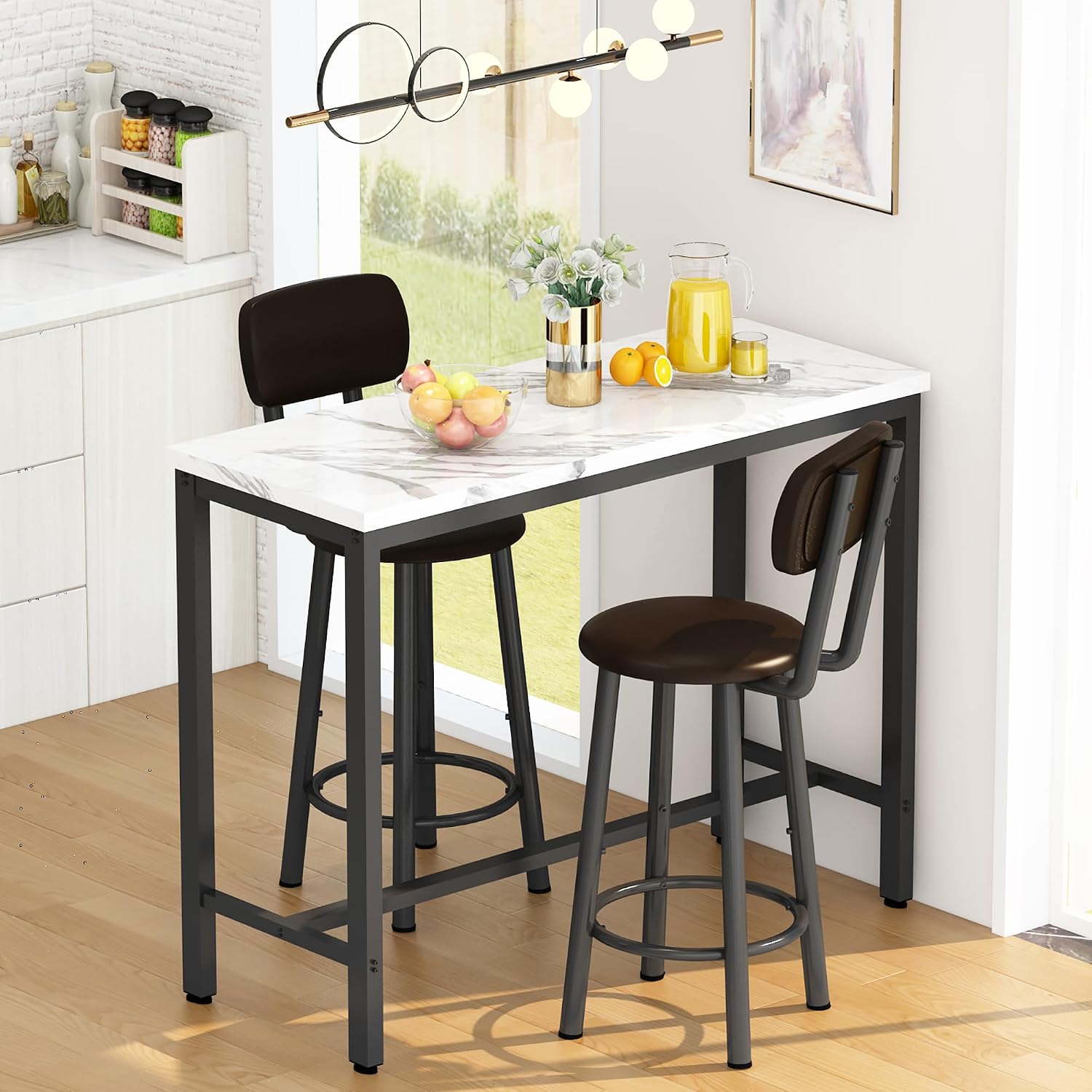 AWQM 3 Piece Bar Table Set of 2,39.3" Pub Bar Table and Chairs Set,Faux Marble Bar Height Table with 2 Backrest Stools,Small Dining Table for 2,Kitchen Table Set for Small Space,White & Brown