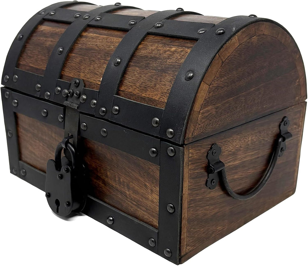 Nautical Cove Handmade Wooden Treasure Chest Storage Box – Deluxe Design with Real Leather Accents, Working Iron Lock & Skeleton Keys, Decorative Keepsake Chest (Medium - 10 x 7 x 7)