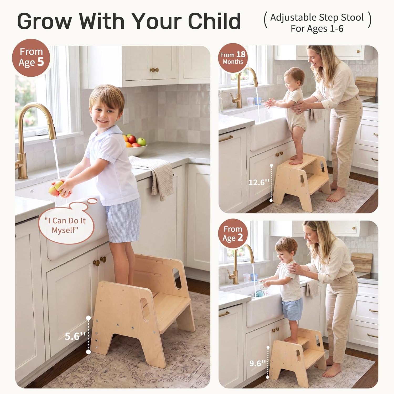WINGYZ Toddler Step Stool, 3-Height Adjustable Wooden Stool for Kids, FSC & ASTM Birch Marine Plywood, 200lb Capacity, Bathroom Sink Independence, Kitchen Potty Training, Natural Wood