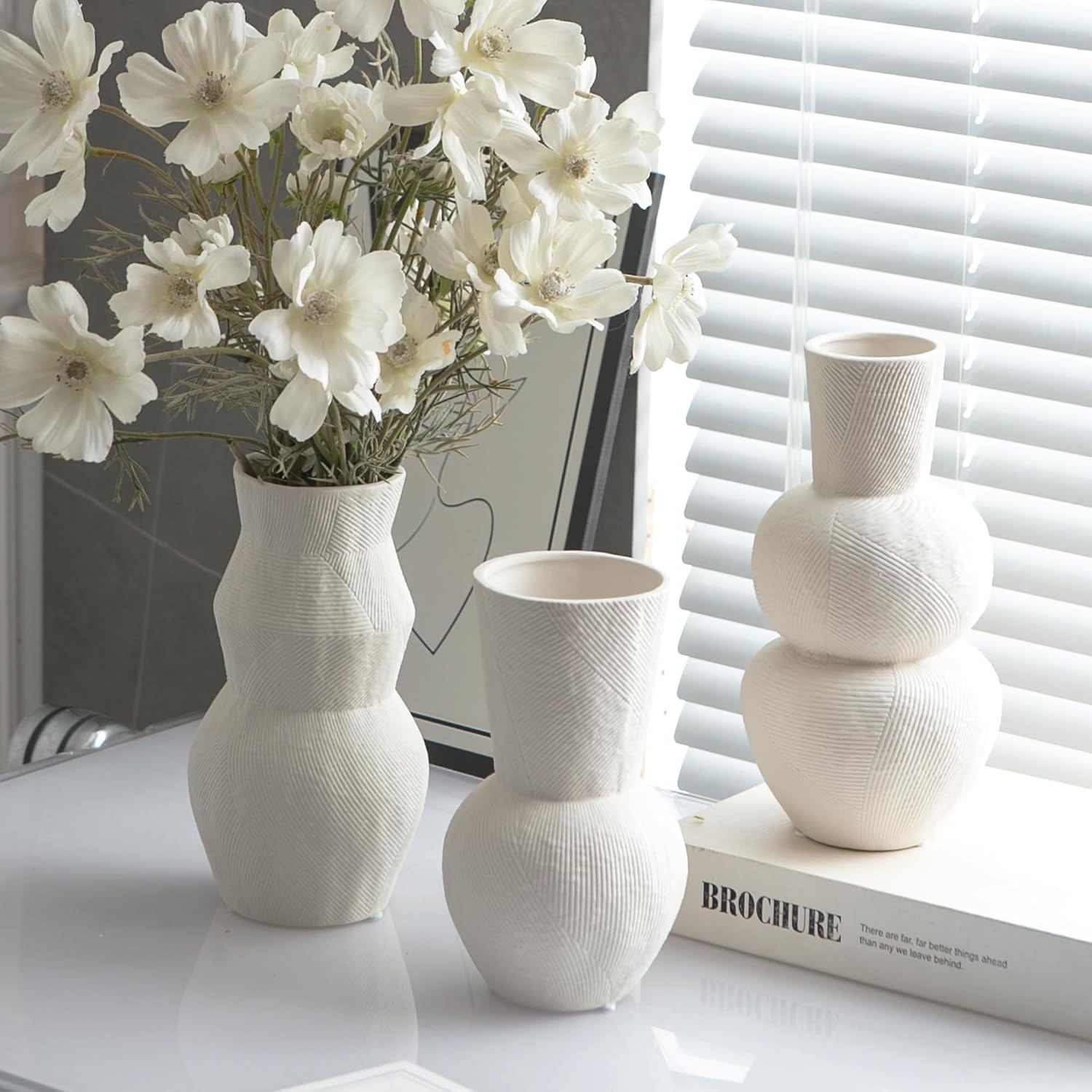 Ceramic Vases for Flowers, Matte White Ribbed Vase Set of 3, Decorative Vases for Pampas Grass, Modern Farmhouse Home Decor, Pottery for Centerpieces, Boho Vases