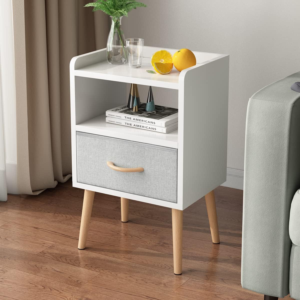 White Nightstand with Drawer, Small Wood Bedside Table, Kids Nightstand | Mid Century Modern Nightstand, Small Bedside Table for Bedroom, Kids Room & Small Spaces.