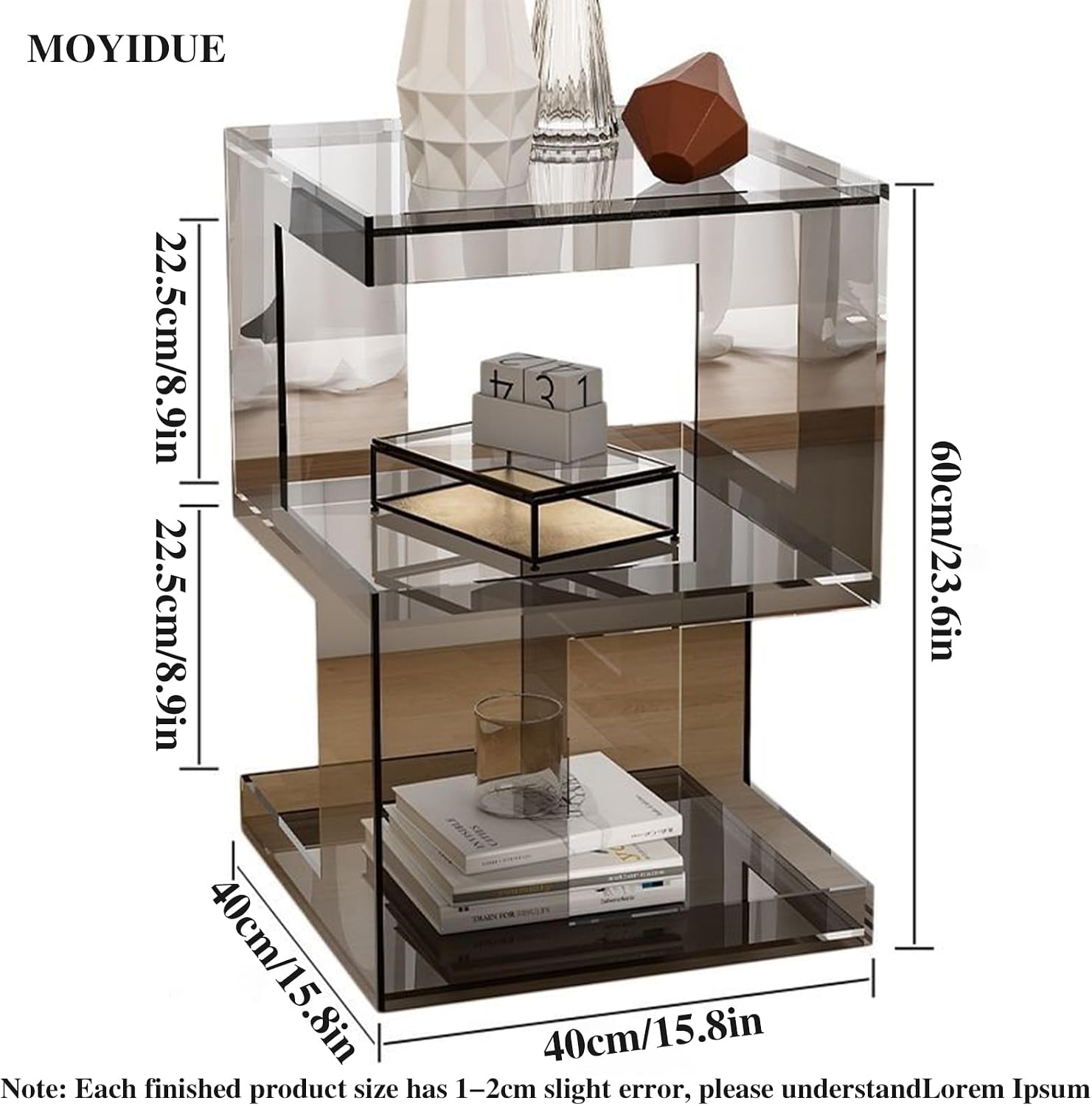 Clear Acrylic End Table, Acrylic Nightstand, 3 Tier Small Side Table, Modern Bedside Table, Coffee Table with Storage for Living Room Bedroom,Lake Blue