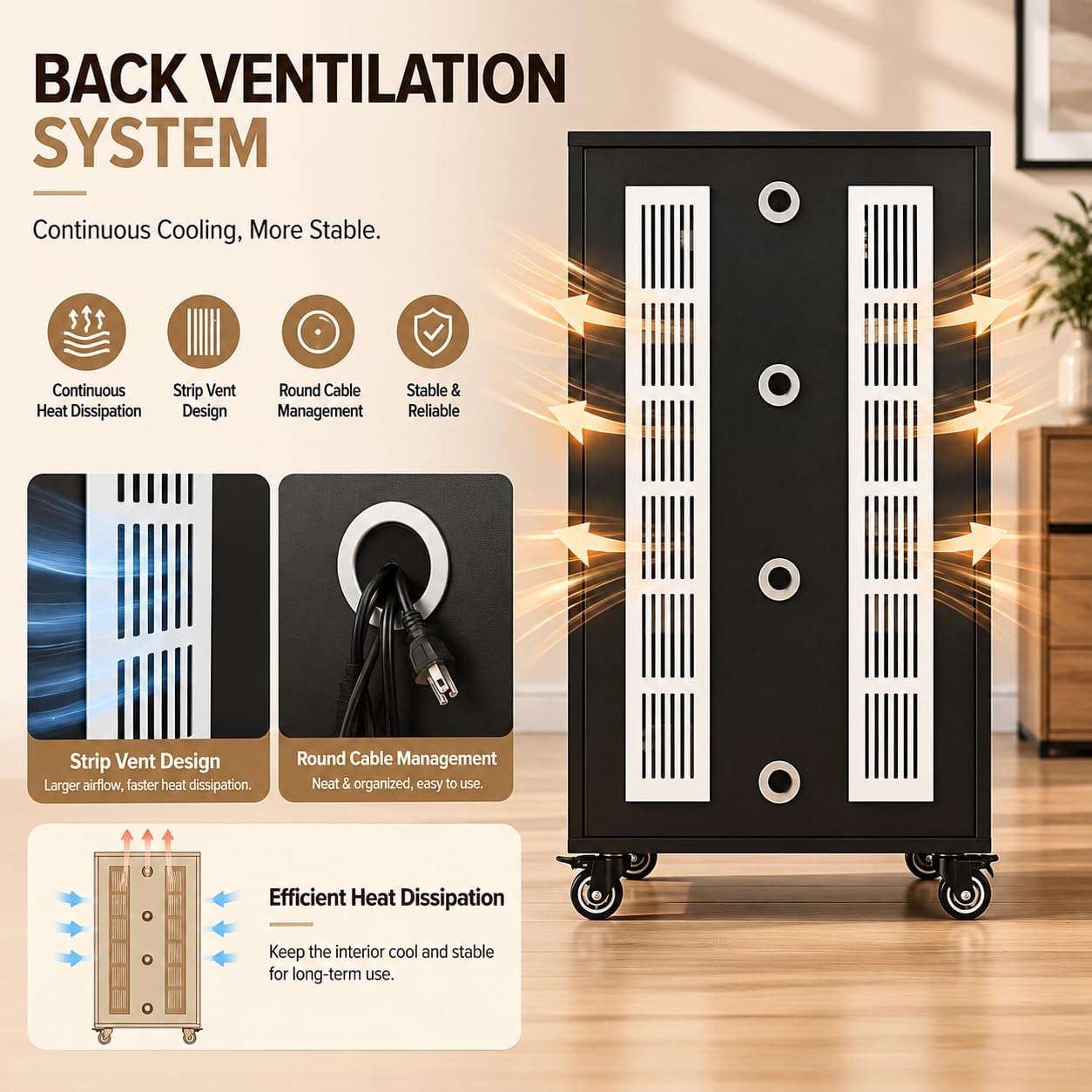 rolling Media Storage Cabinet with Tempered Glass Door, audio rack cabinet with Cable Management, Efficient Heat Dissipation, Studio home audio cabinet for Living Room/Gaming Setup/Home (3-tier)