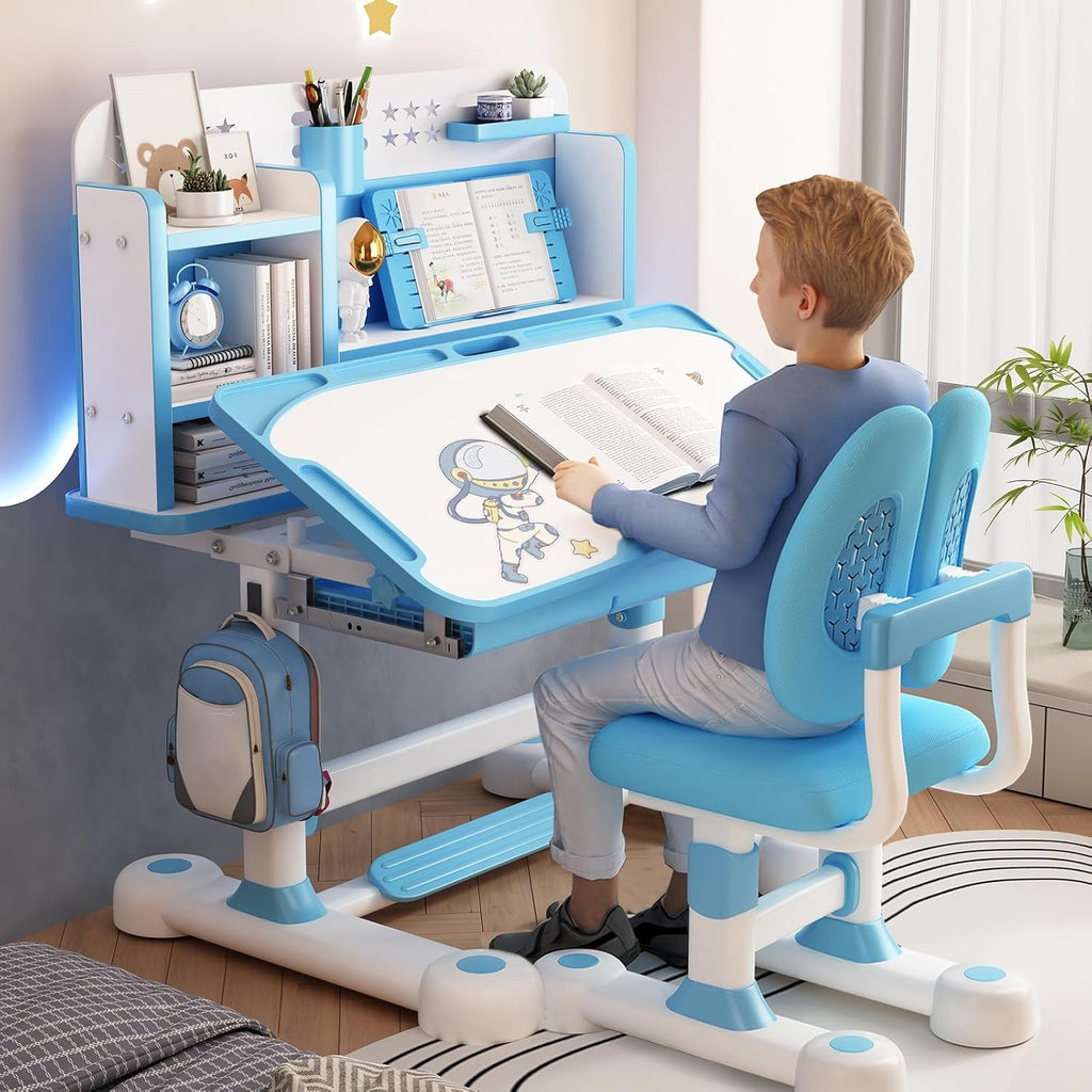 Kids Functional Desk and Chair Set, Ergonomic Height Adjustable Children School Study Desk with Tilt Desktop, Book Stand, Bookshelf, Metal Hook and Storage Drawer for Boys Girls 3-18 Years Old Pink
