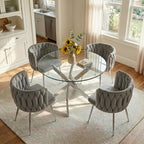 35" Round Glass Dining Table Set for 4, Modern Glass Dining Table Set with Velvet Woven Chairs, Beautiful 5-Pieces Furniture Set Suitable for Dining Room, Kitchen, Apartment and Home, Silver & Grey