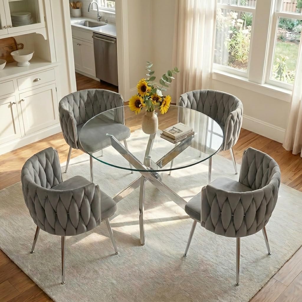 35" Round Glass Dining Table Set for 4, Modern Glass Dining Table Set with Velvet Woven Chairs, Beautiful 5-Pieces Furniture Set Suitable for Dining Room, Kitchen, Apartment and Home, Silver & Grey