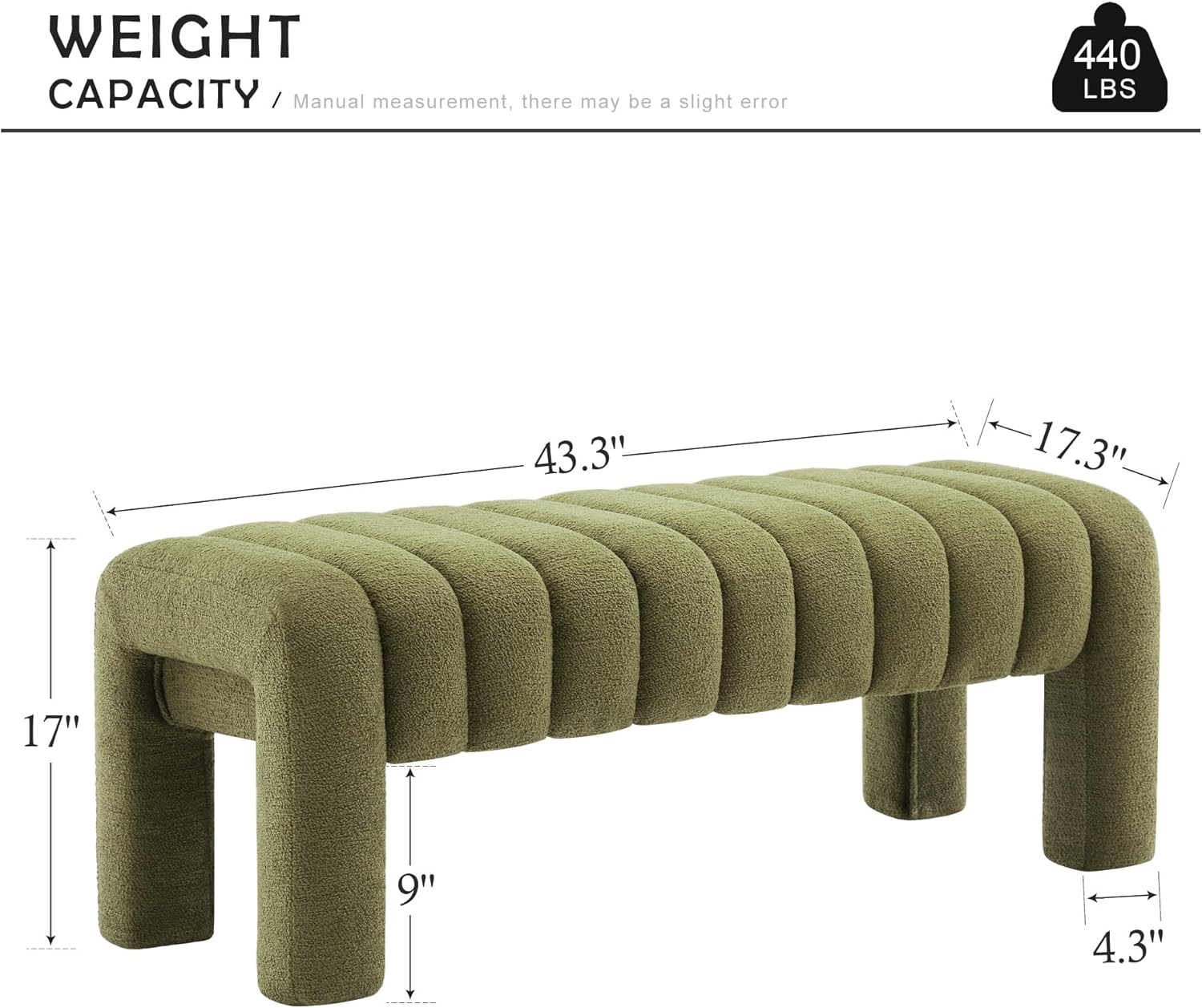 43.3" Dining Room Bench, Green Tufted Upholstered End of Bed Bench, Modern Entryway Ottoman Window Seat with Solid Wood Legs and Padded Seat for Bedroom, Hallway and Living Room (Boucle)
