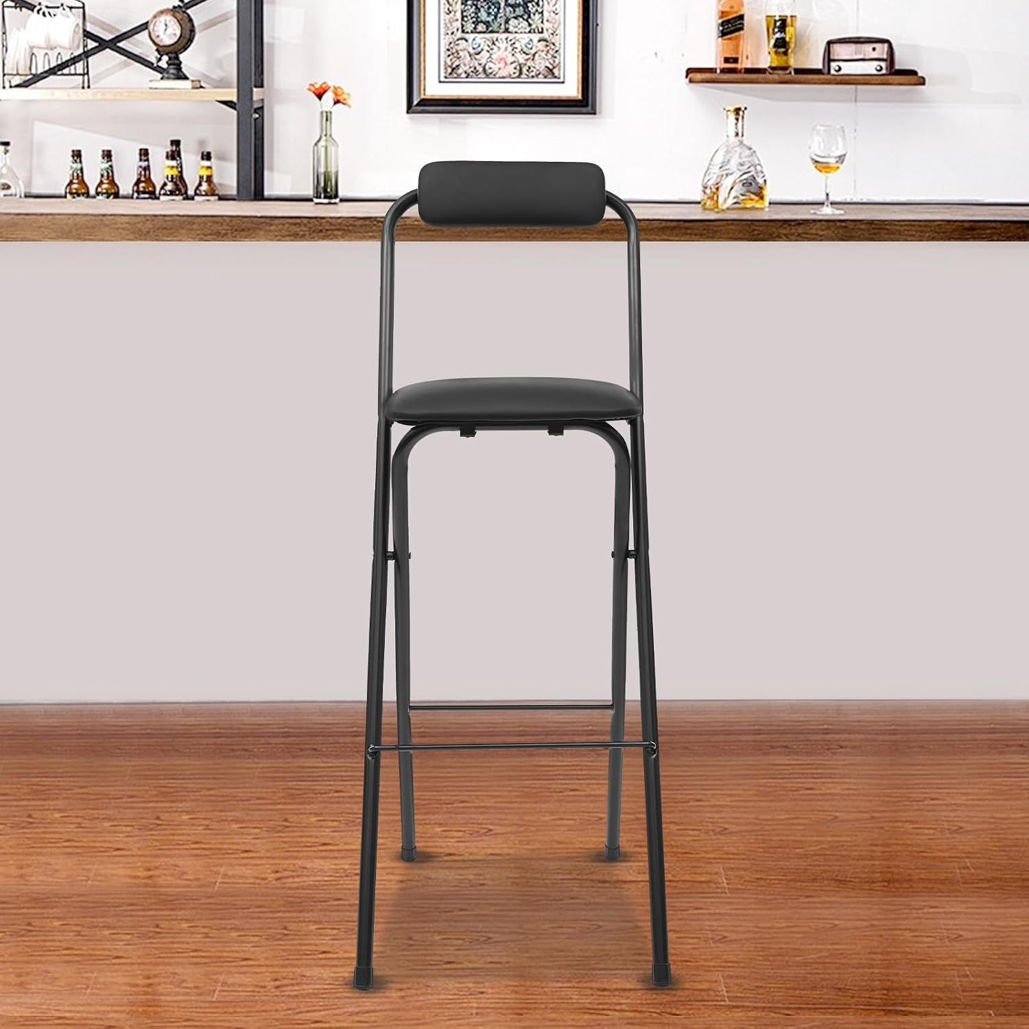 Folding Bar Stool with Backrest, 39" Tall Folding Chair Counter Height Foldable Chairs Tall Bar Collapsible Stools for Adults Kitchen Guitar Shop Cafe Barstools (Black)