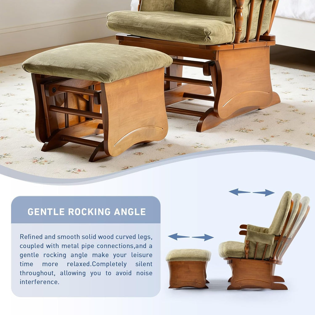 Glider Rocking Chair Nursery with Ottoman Smooth Rocking Motion, Easy to Assemble, Solid Hardwood Base Indoor Adult(Yellowish-Green)
