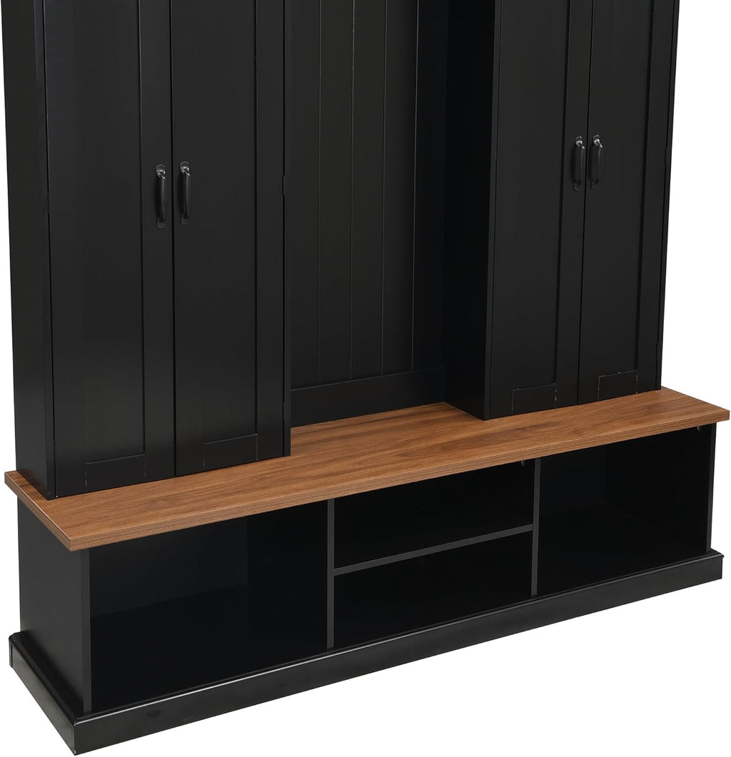 LUMISOL Farmhouse Hall Tree with Bench and Shoe Storage, 62''W Entryway Bench with Hooks, 2 Cabinets & 3 Open Top Cubbies for Entrance, Hallway, Mudroom, Black