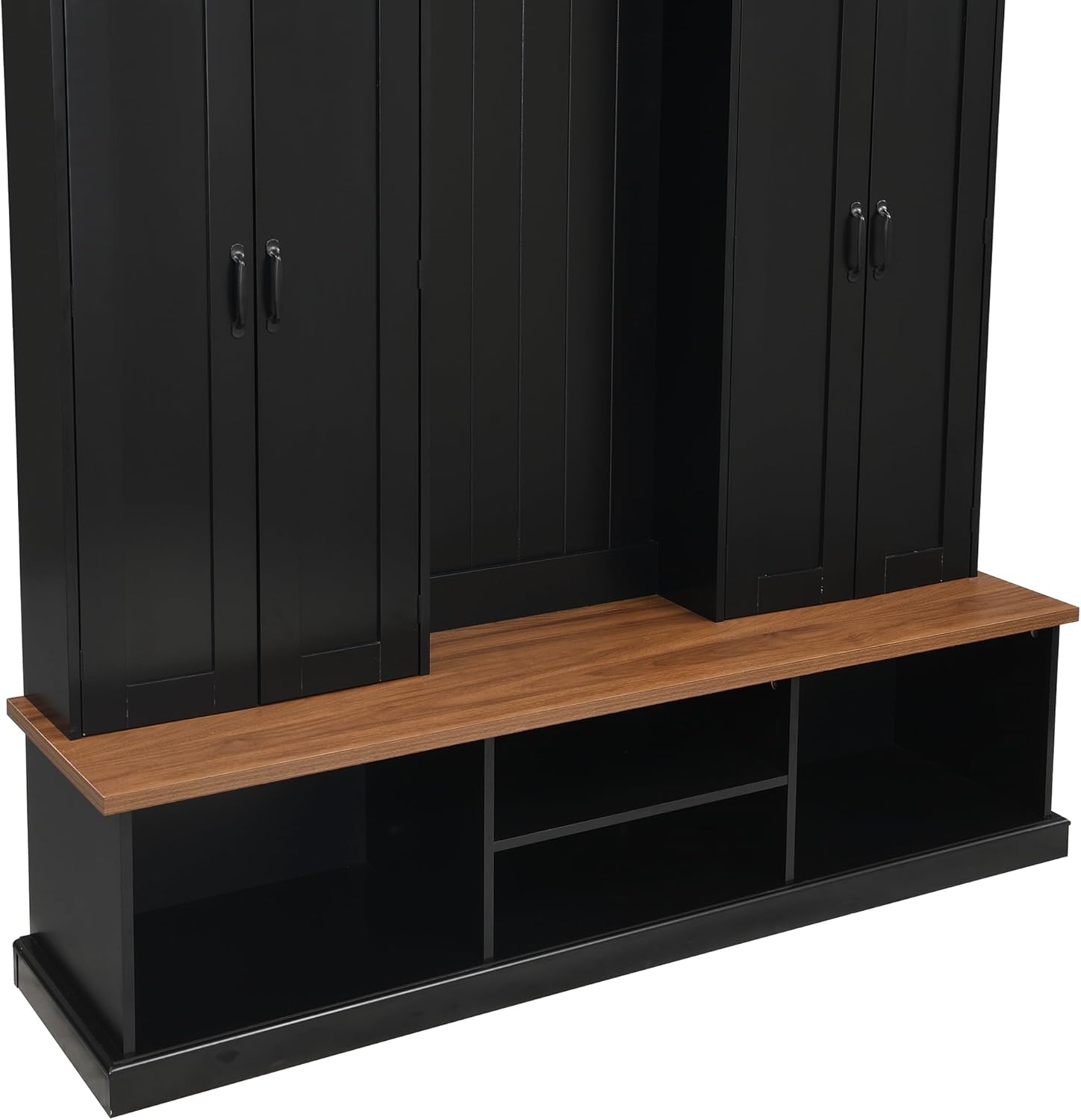 LUMISOL Farmhouse Hall Tree with Bench and Shoe Storage, 62''W Entryway Bench with Hooks, 2 Cabinets & 3 Open Top Cubbies for Entrance, Hallway, Mudroom, Black