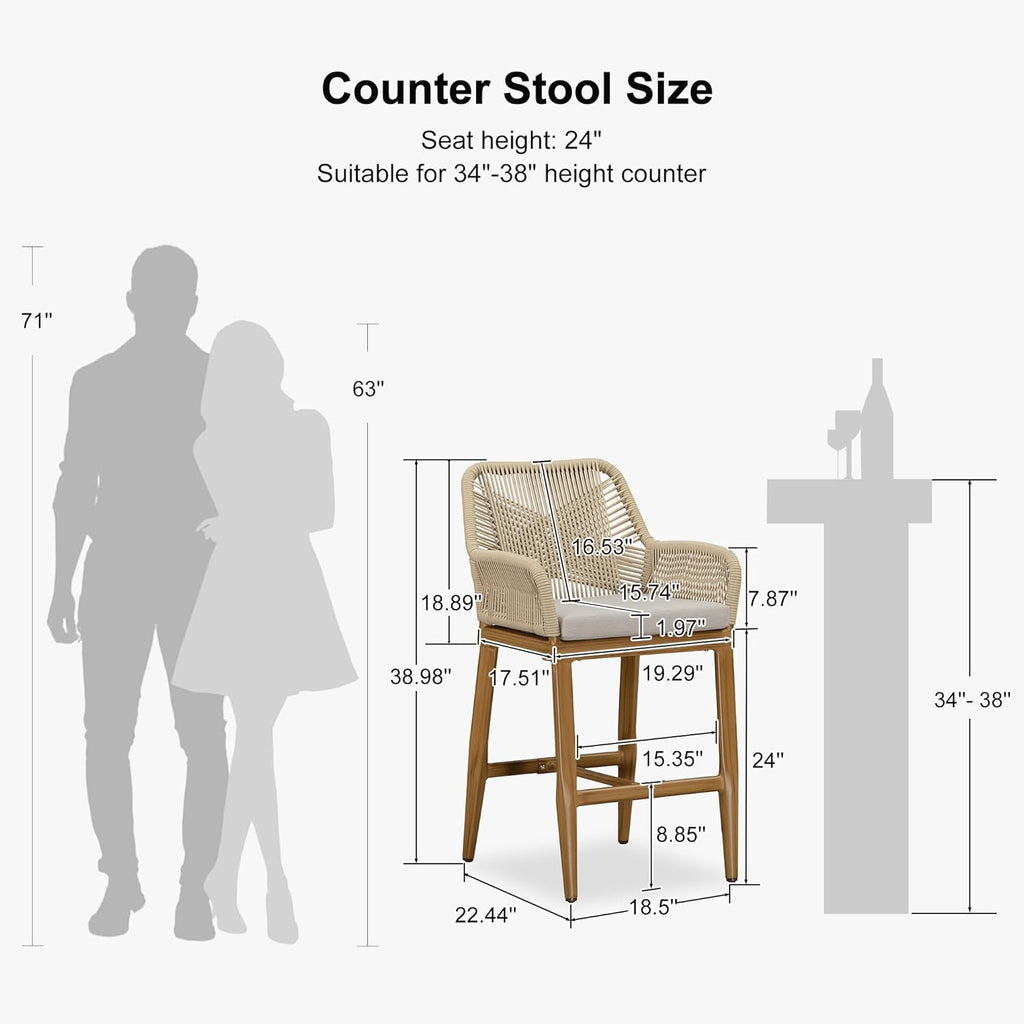 PURPLE LEAF Outdoor 24" Counter Height Bar Stools Chair Set of 4, All Weather Rattan and Aluminum Patio Bar Stool with Cushion for Indoor and Outdoor, Kitchen Island, Teak