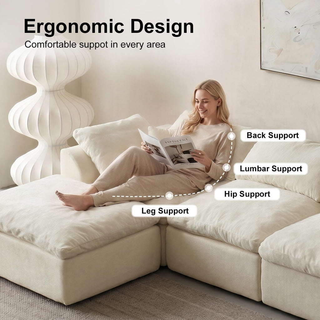Oversized Cloud Couch Sectional Sofa for Living Room, Modular L Shaped Boneless Chenille Sofa with Chaise Lounge, Deep Seat Convertible Couch, Compressed No Assembly Floor Sofa (White)