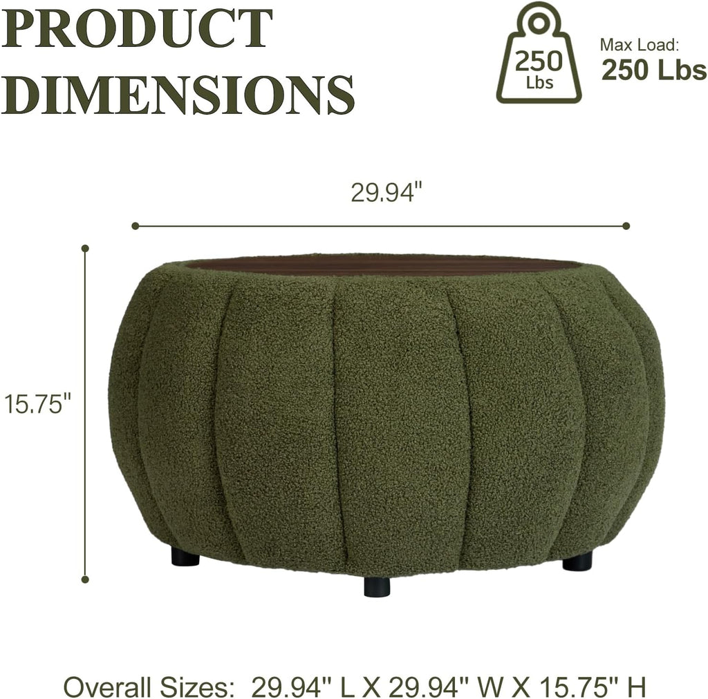 YDcosyfy 30 Inches Round Ottoman Coffee Table with Storage, Upholstered Ottoman in Boucle Teddy Fabric, Wooden Top with Tray, Soft Pumpkin Shape Design,for Living Room, Bedroom, Lounge, Green