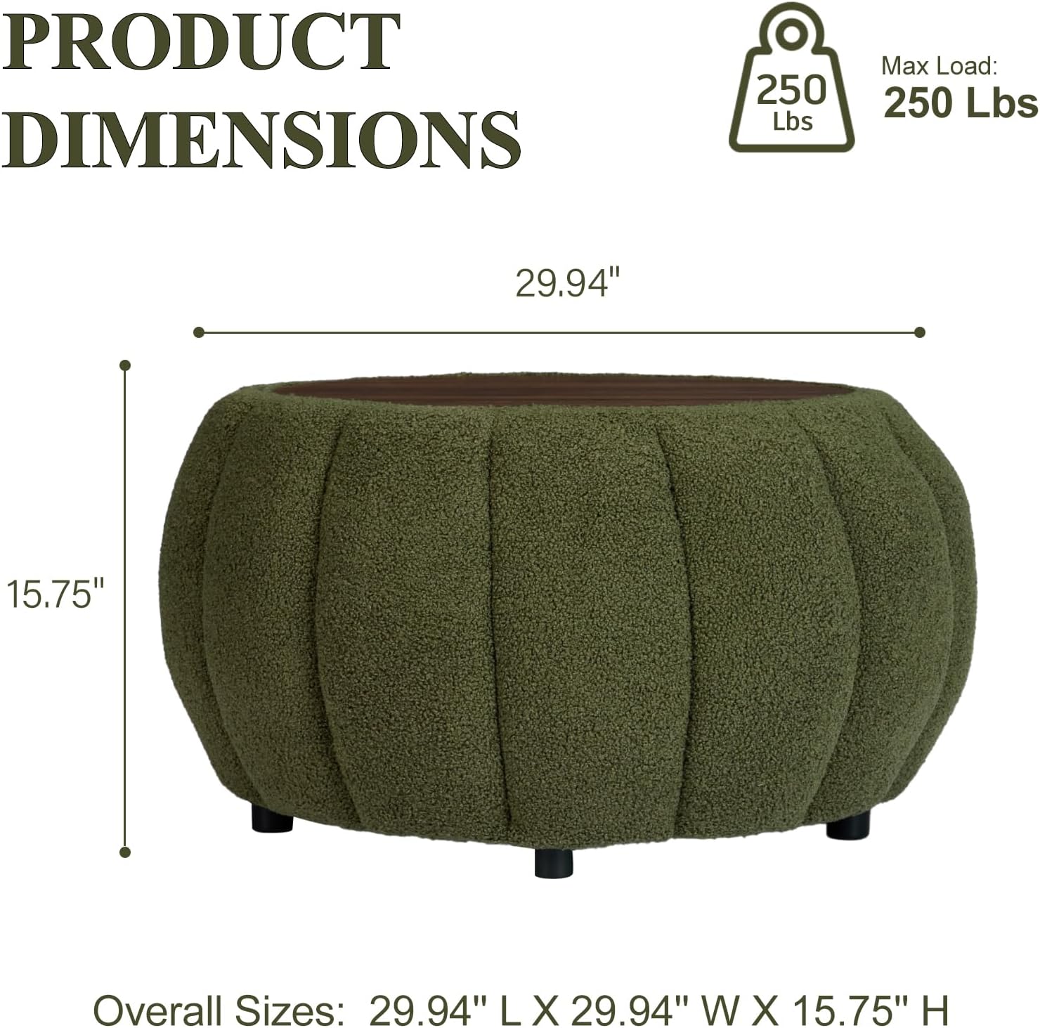 YDcosyfy 30 Inches Round Ottoman Coffee Table with Storage, Upholstered Ottoman in Boucle Teddy Fabric, Wooden Top with Tray, Soft Pumpkin Shape Design,for Living Room, Bedroom, Lounge, Green