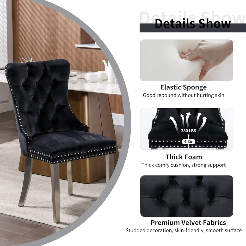 Clear Round Glass Top Dining Set for 4, 36'' Modern Luxury Circle Dinner Room Set, 5 PCS Mid Century Circular Kitchen Table Set, Black High-end Tufted Chairs, for Small Apartment (Silver)