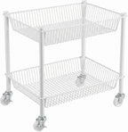 2 Tier Small Utility Cart on Wheels Short Rolling Pantry Cart Thick Metal Wire Basket Stand, Fruit Vegetables Storage Rack for Kitchen, Under Desk Storage for Small Space Bathroom Laundry, White