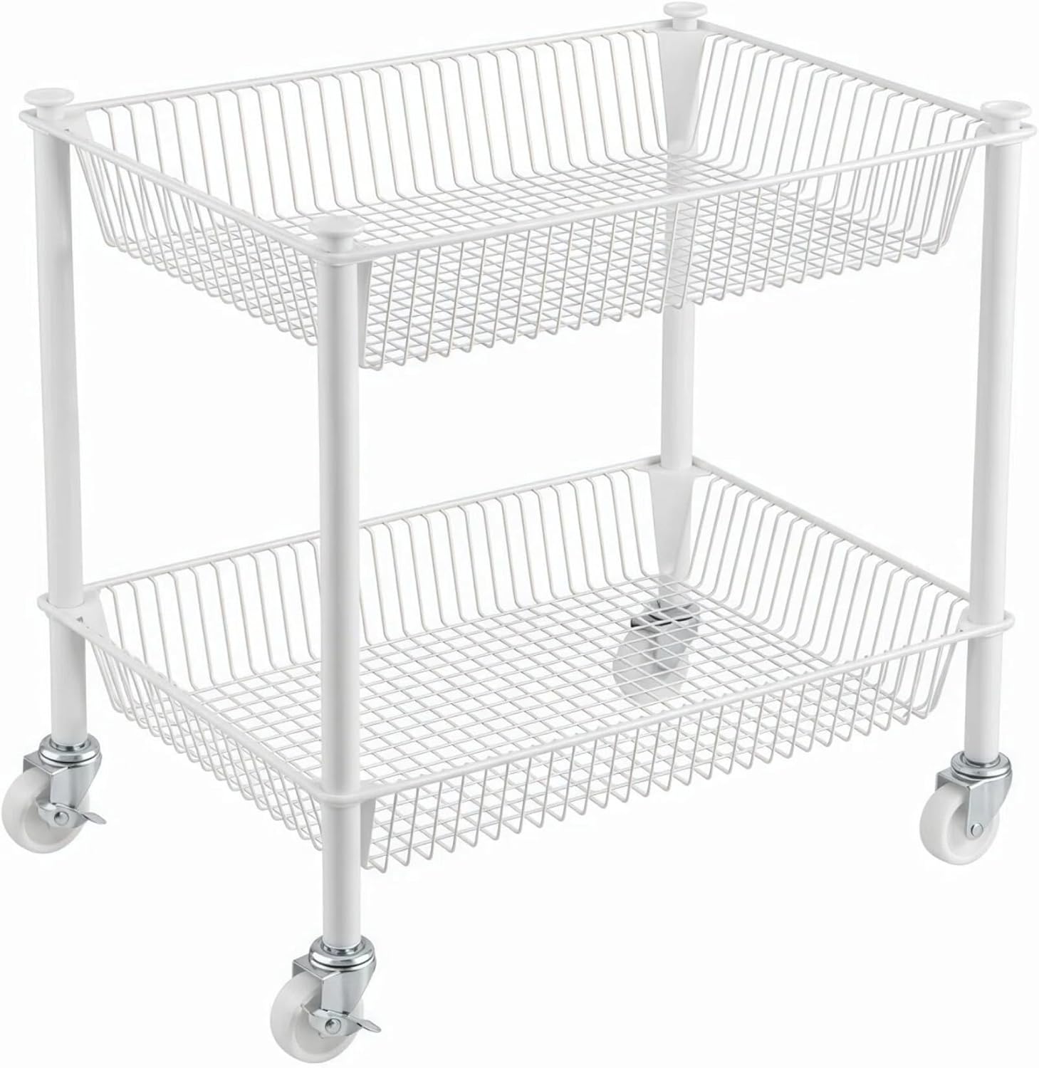 2 Tier Small Utility Cart on Wheels Short Rolling Pantry Cart Thick Metal Wire Basket Stand, Fruit Vegetables Storage Rack for Kitchen, Under Desk Storage for Small Space Bathroom Laundry, White
