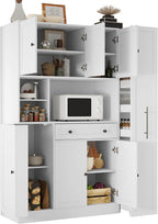 Traditional Freestanding Kitchen Pantry with Pull-Out Side Cabinet, Door Shelves and Drawer, Large Buffet Sideboard Cupboard for Dining Room (White)