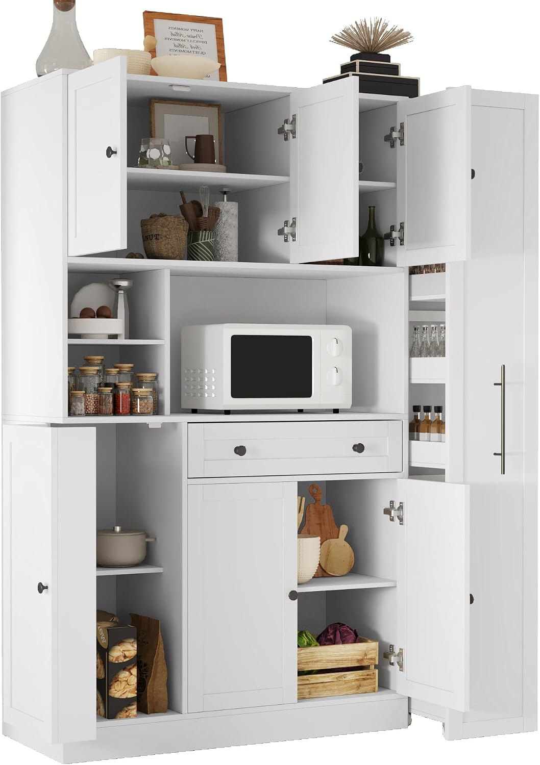 Farmhouse Freestanding Kitchen Pantry with Pull-Out Side Cabinet, Door Shelves and Drawer, Large Buffet Sideboard Cupboard for Dining Room (White)
