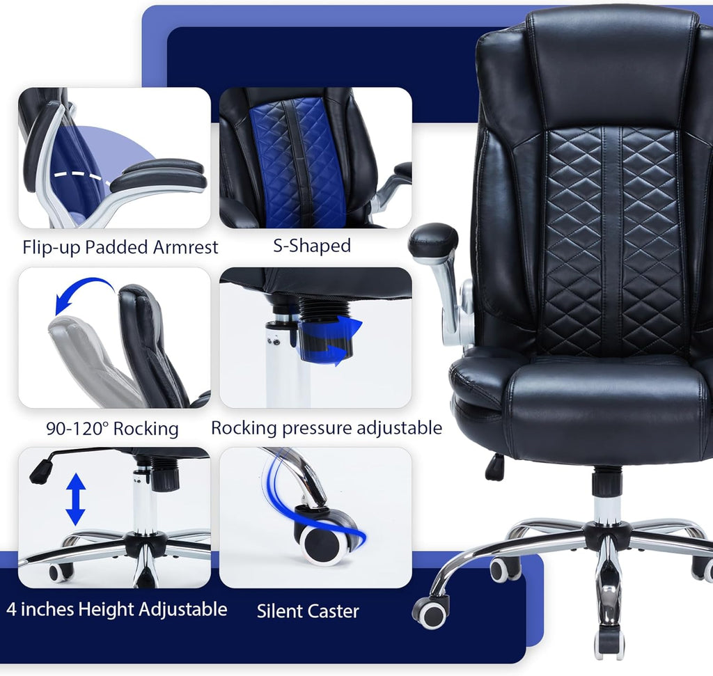 400lbs Executive Office Chair with Flip-Up Armrests, Big and Tall Computer Chair for Heavy People, Heavy Duty Ergonomic Comfy Chair, Breathable PU Leather (Black)