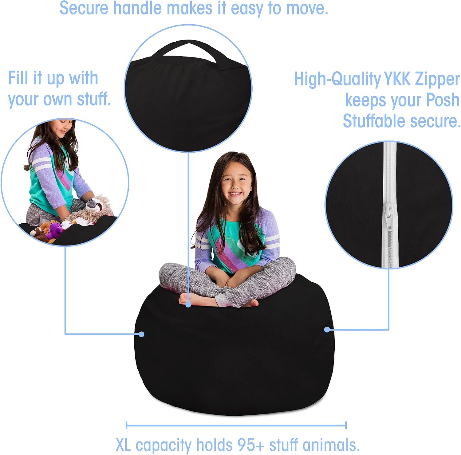 Posh Creations Stuffable Kids Stuffed Animal Storage Bean Bag Chair Cover - Childrens Toy Organizer, Large 38" - Soft Faux Rabbit Fur Black