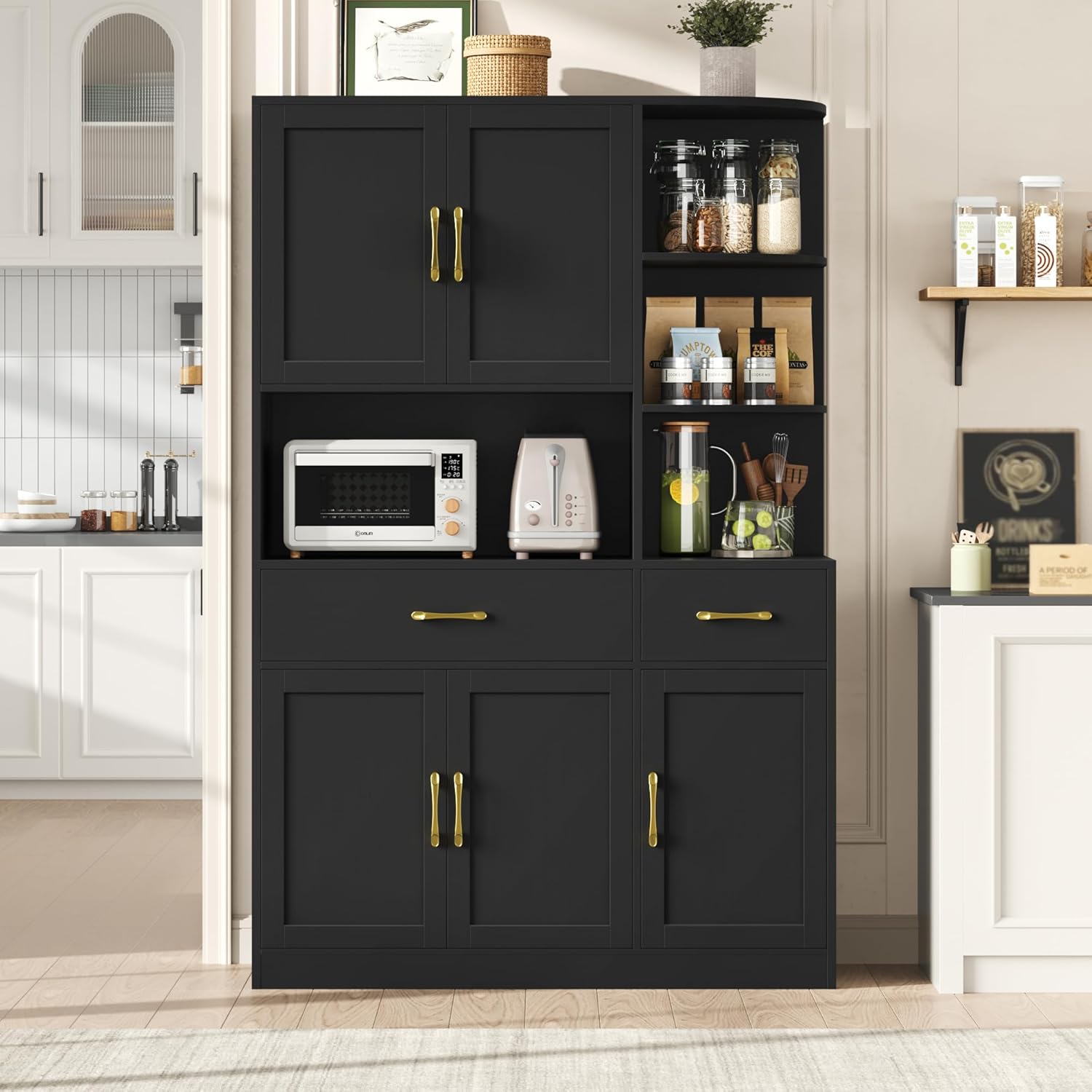 BOTLOG 67" Kitchen Pantry Cabinet, Modern Kitchen Hutch with 5 Doors and 2 Drawers, 3-Tier External Shelf, Large Pantry Storage Cabinet with Microwave Stand for Dining Room, Black